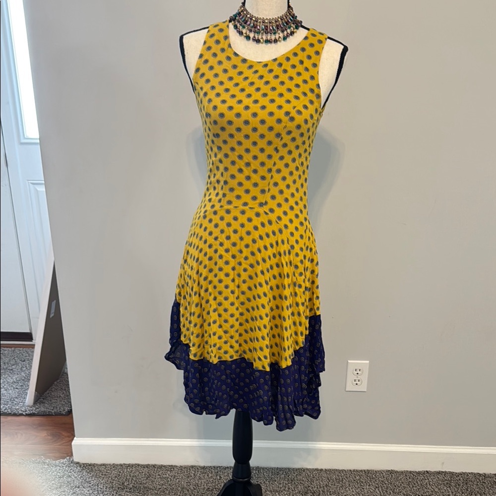 H&M Printed Yellow and Blue Polka Dot sleeveless mini dress. Size 2.